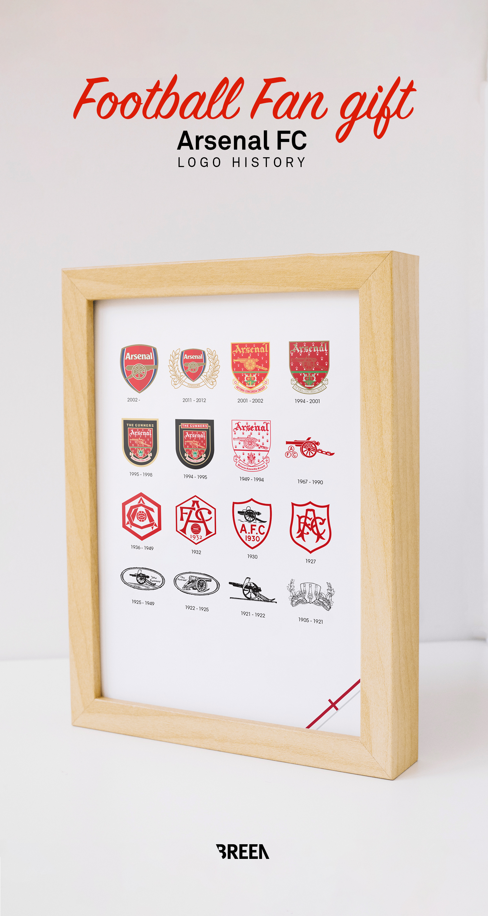 Arsenal Pinterest focused image showing a wooden framed print standing infront of a white background