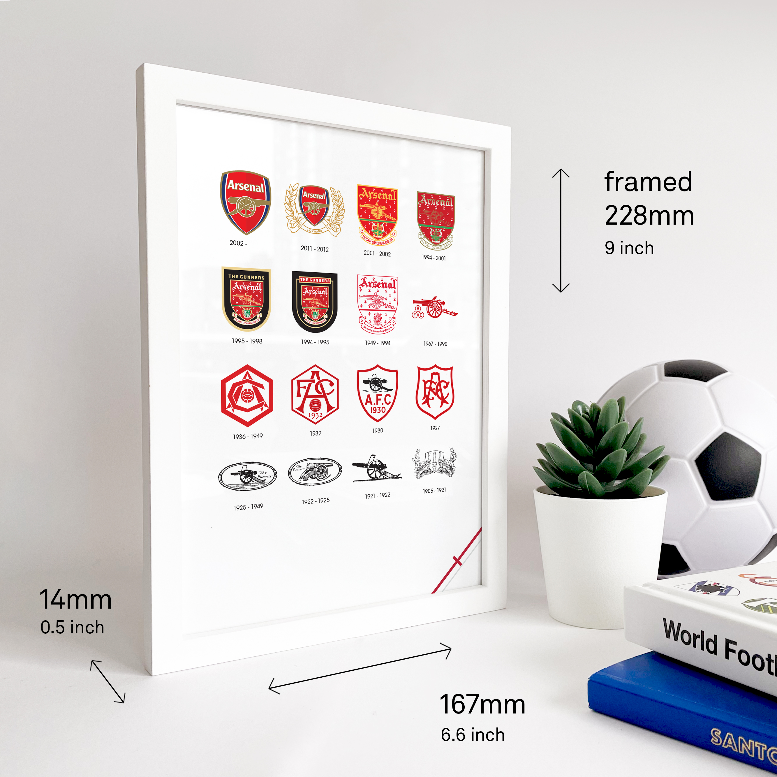 Arsenal Logo History print image that shows the size of the frame which is a bit bigger than A5. Next to the frame two football books and a ball is visible.