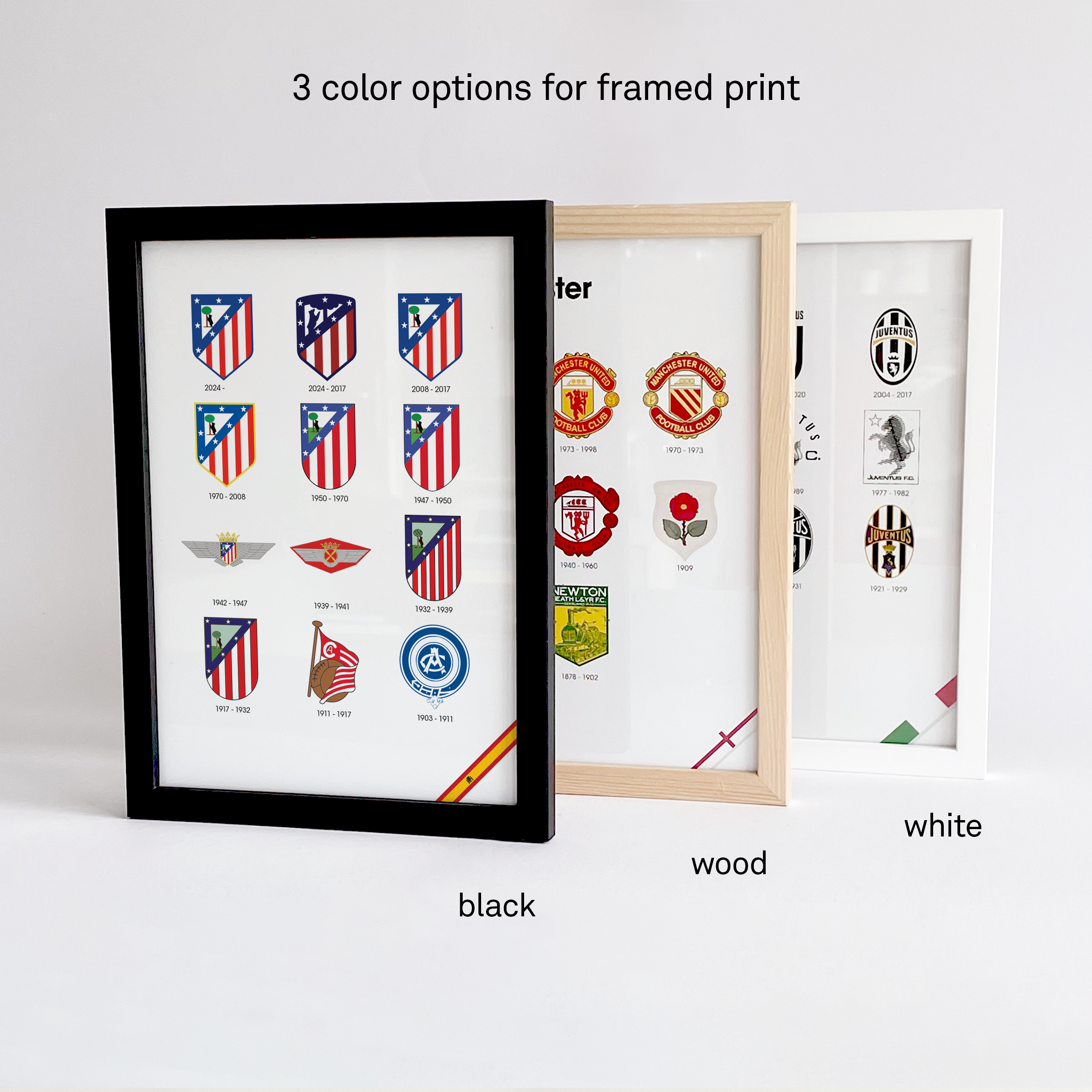 Atletico Logo History frames in three different colors which are black, white and wood.