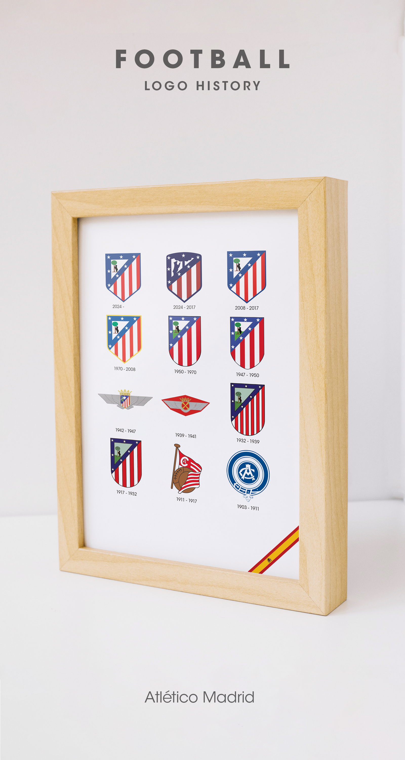 Atletico Madrid Pinterest focused image showing a wooden framed print standing infront of a white background