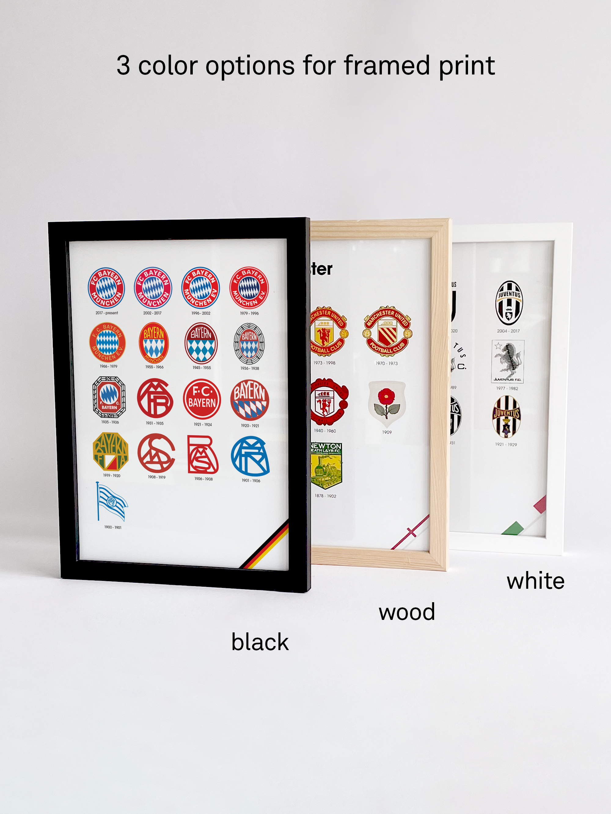 Bayern München Logo History frames in three different colors which are black, white and wood.