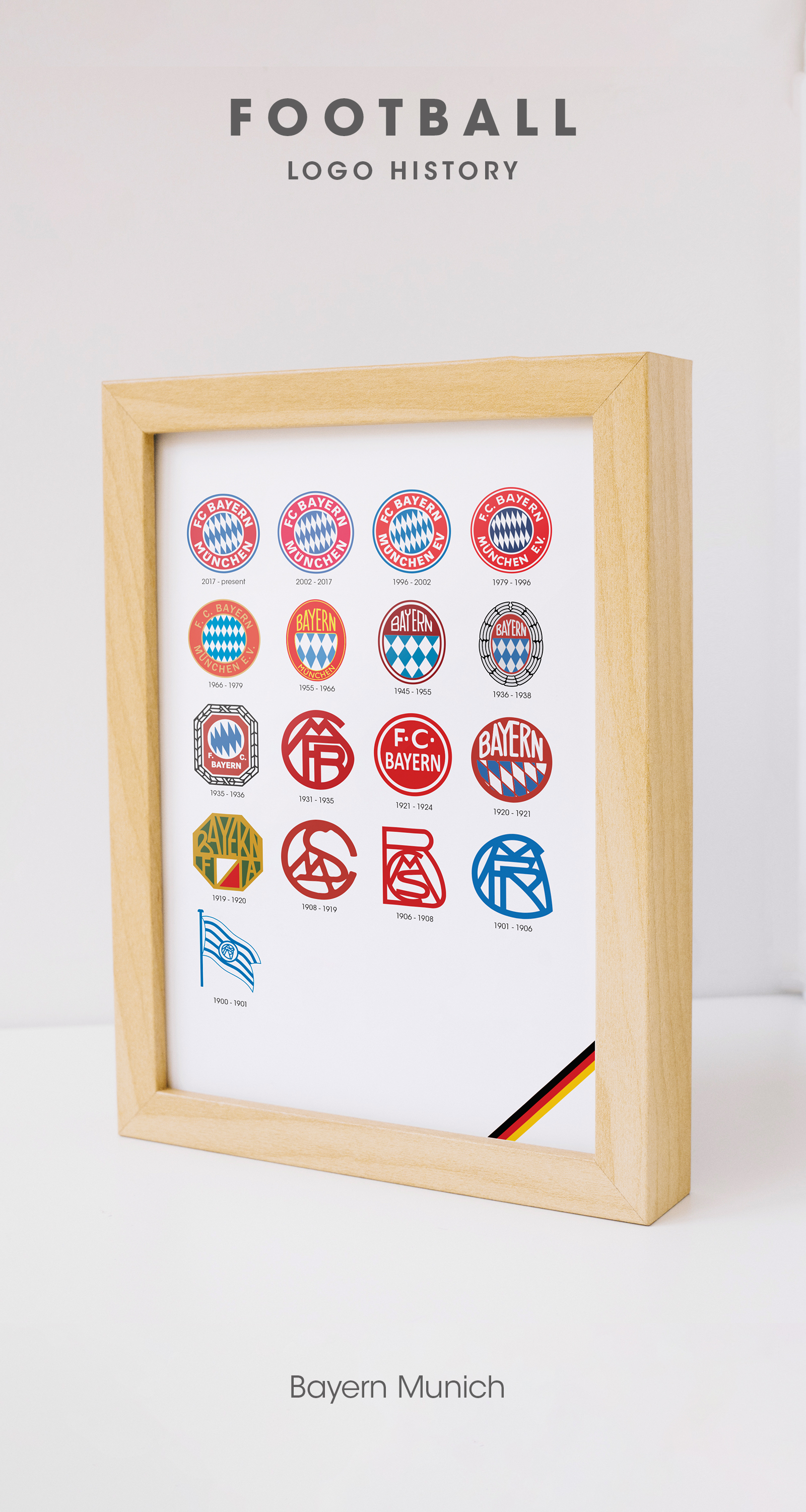 Bayern Munich Pinterest focused image showing a wooden framed print standing infront of a white background