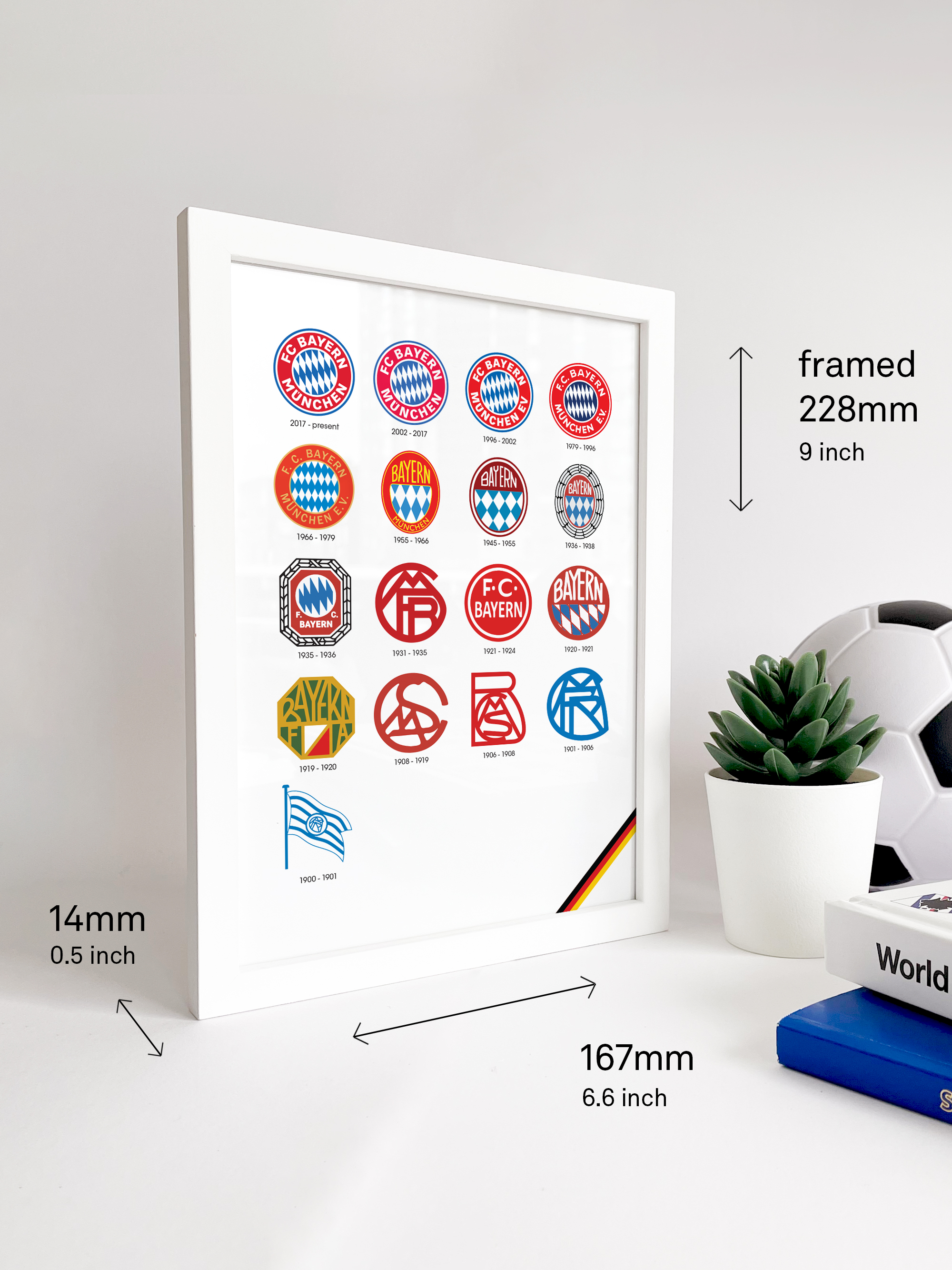 Bayern Munich Logo History print image that shows the size of the frame which is a bit bigger than A5. Next to the frame two football books and a ball is visible.