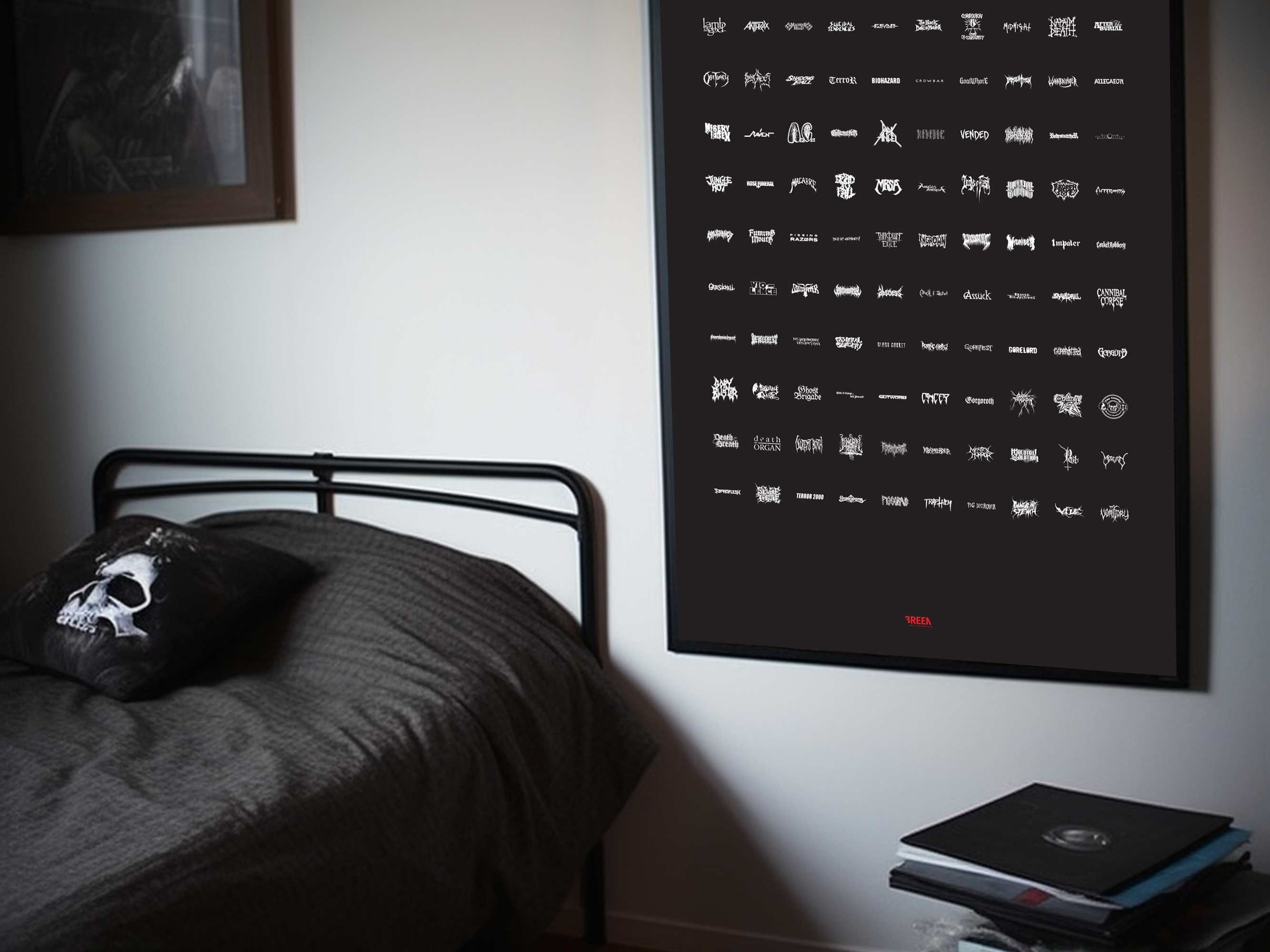 A bedroom from a diagonal view showing a black framed bed with black sheets, a nightstand with books on it and a black framed poster featuring 100 metal bands organised in rows of ten.