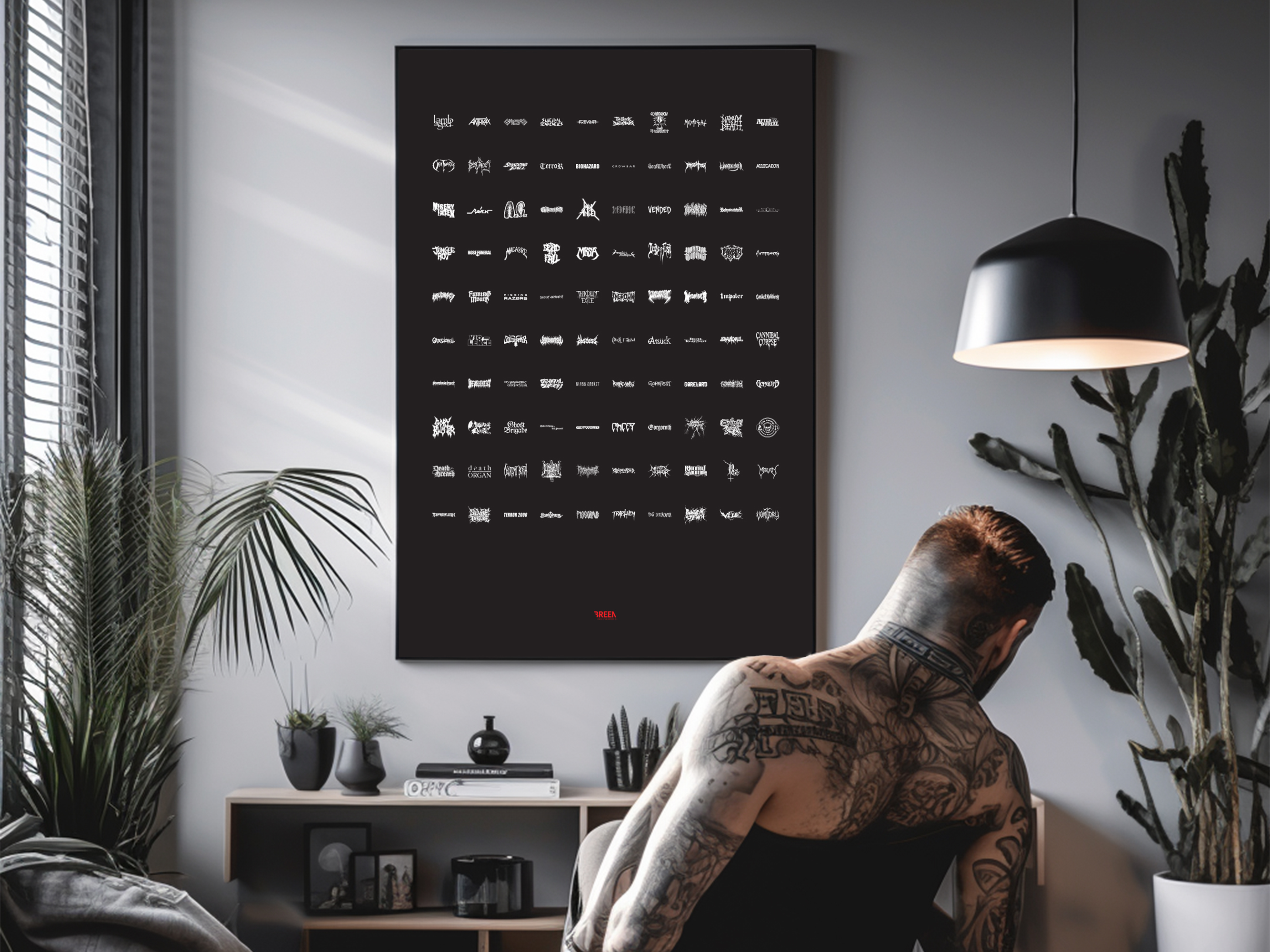 Living room with a black metal poster on the wall near a window. Below a cabinet with books and vases and a big plant on the right. In the front a man's torso is visible covered with tattoos. The poster features 100 metal bands neatly organised.