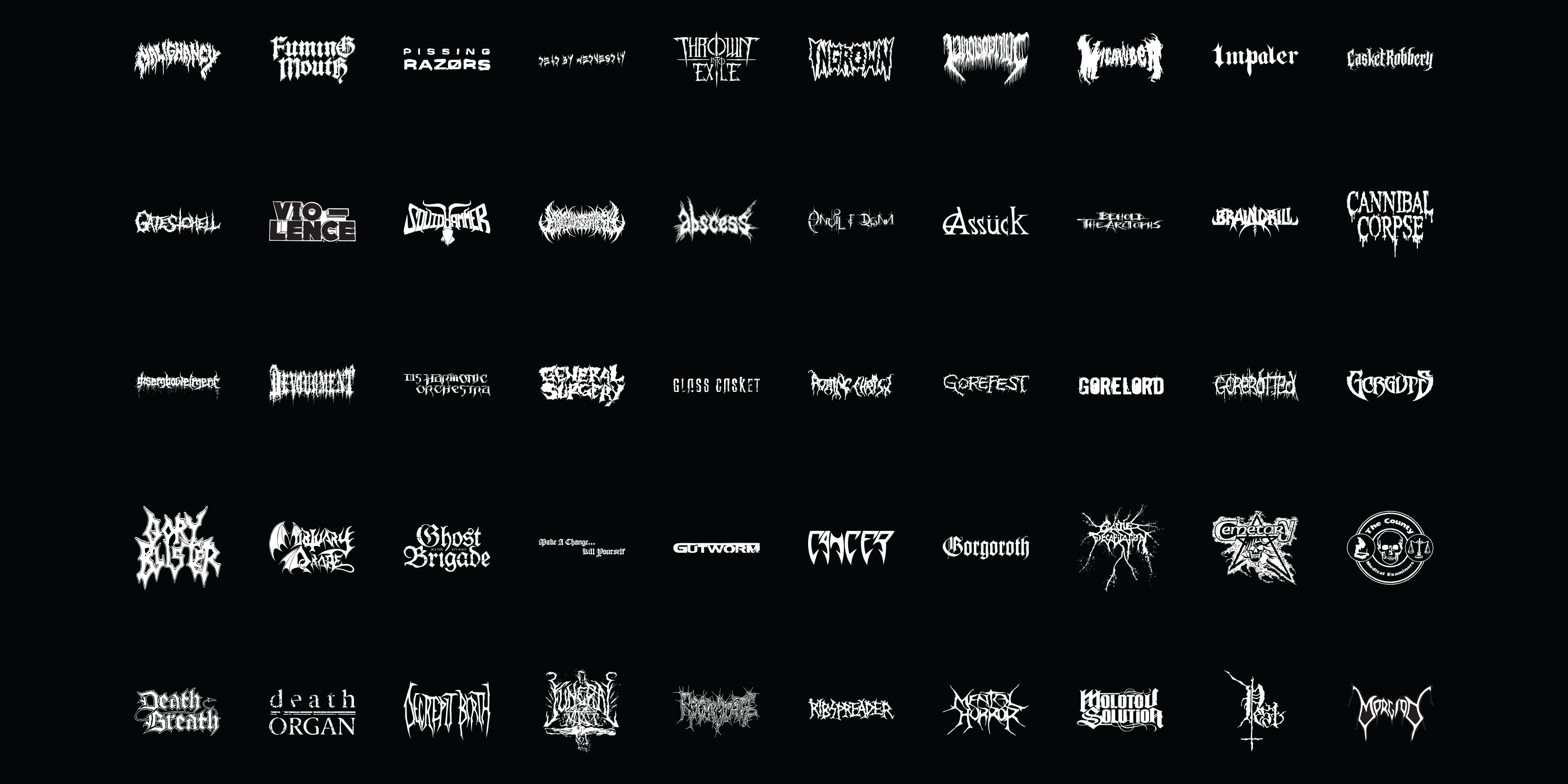 Close-up of the 100 Black Metal Logos poster with white high quality logo's on a black background. 