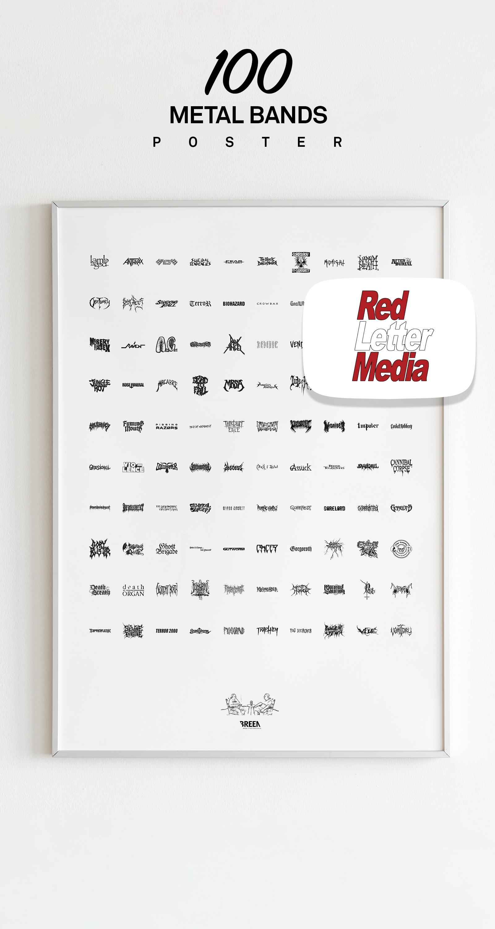 A Pinterest oriented image with the framed 100 Red Letter Media Black Metal Logos print hanging on a light wall.