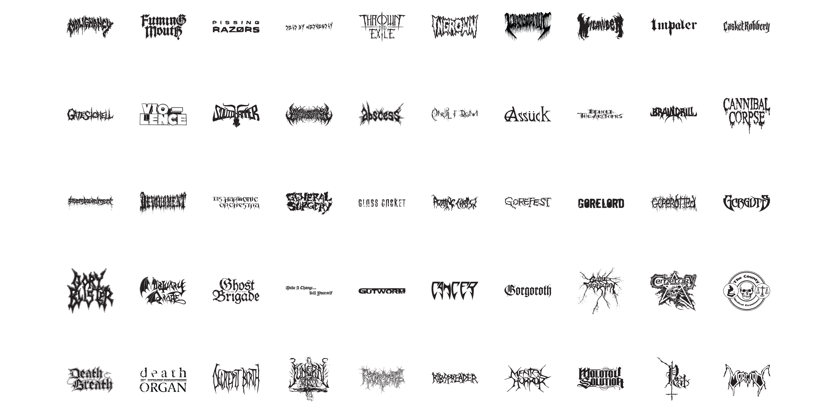 Close-up of the 100 Black Metal Logos poster with white high quality logo's on a black background. 