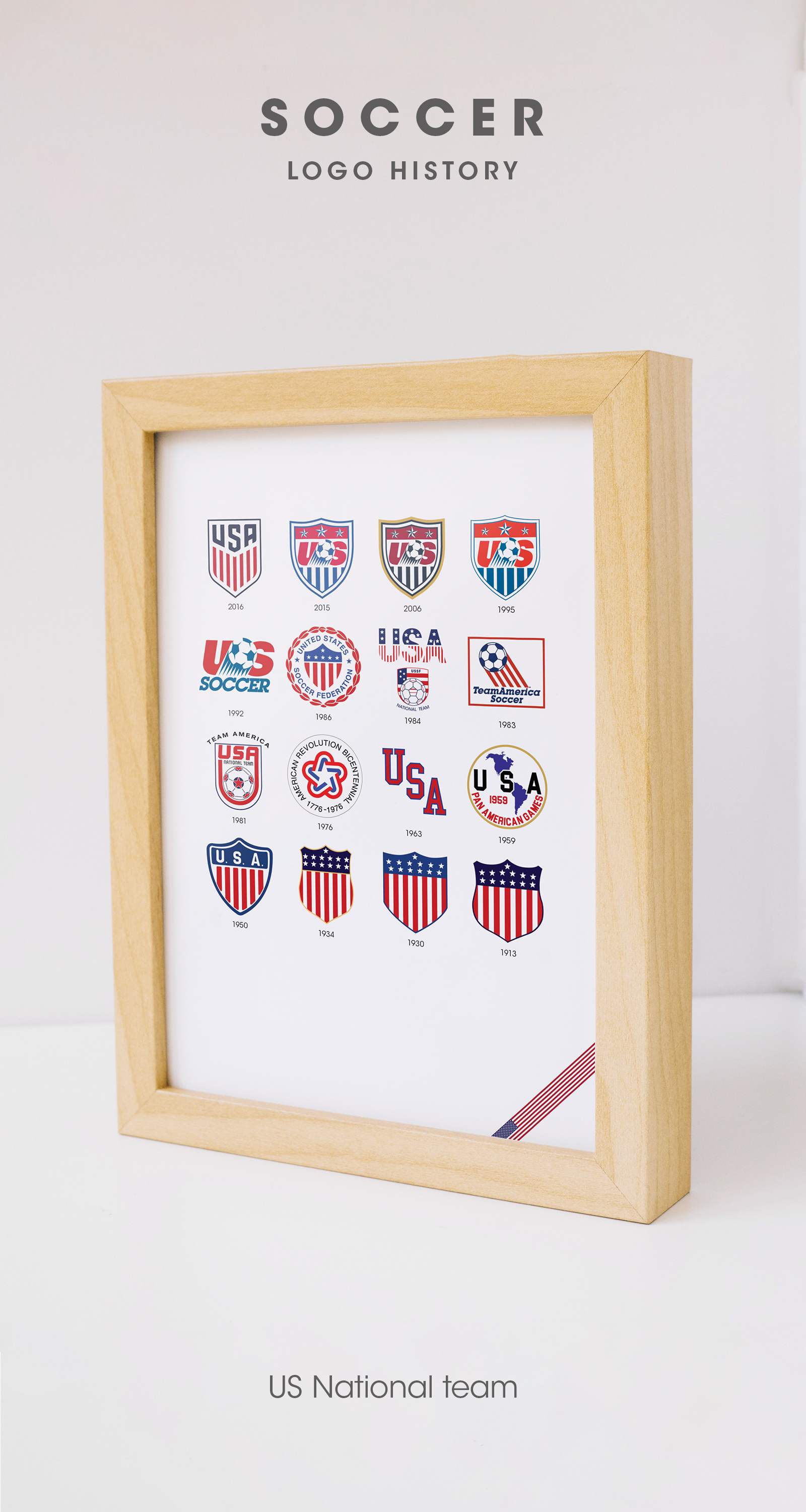 USA Pinterest focused image showing a wooden framed print standing infront of a white background